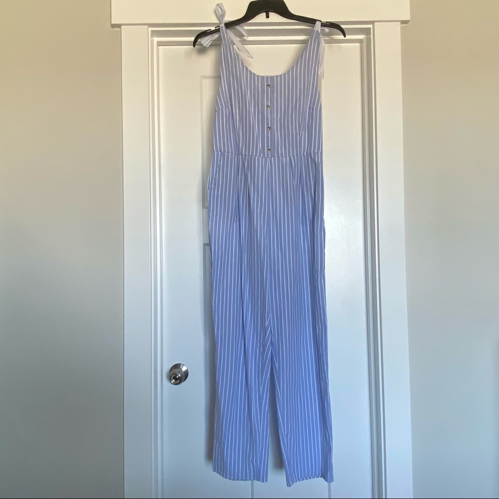 Shop Zoco Blue Pinstriped Sleeveless Jumpsuit